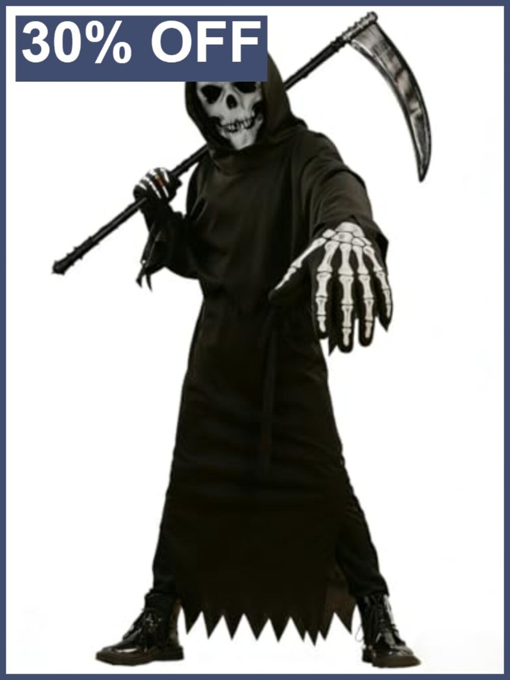 Grim Reaper Costume Set – Skull Mask, Scythe, Gloves – Kids Halloween Dress Up